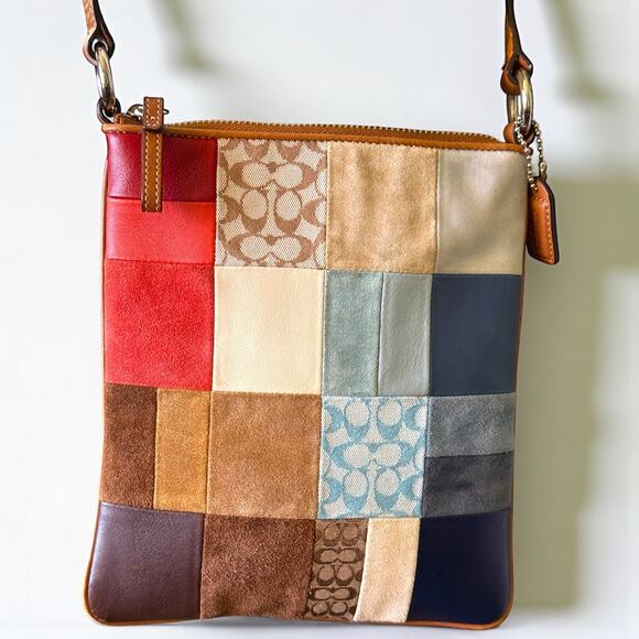 COACH 2362 Patchwork Swing Pack Crossbody Adjustable Leather Strap Suede Y2k - Picture 2 of 15